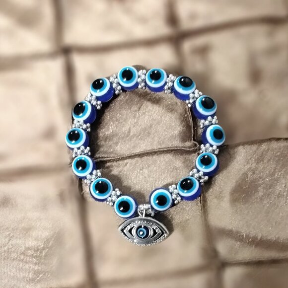 Evil Eye Blue Beaded Charm Bracelet for Protection and Blessing Stretchable Luck - Picture 11 of 16